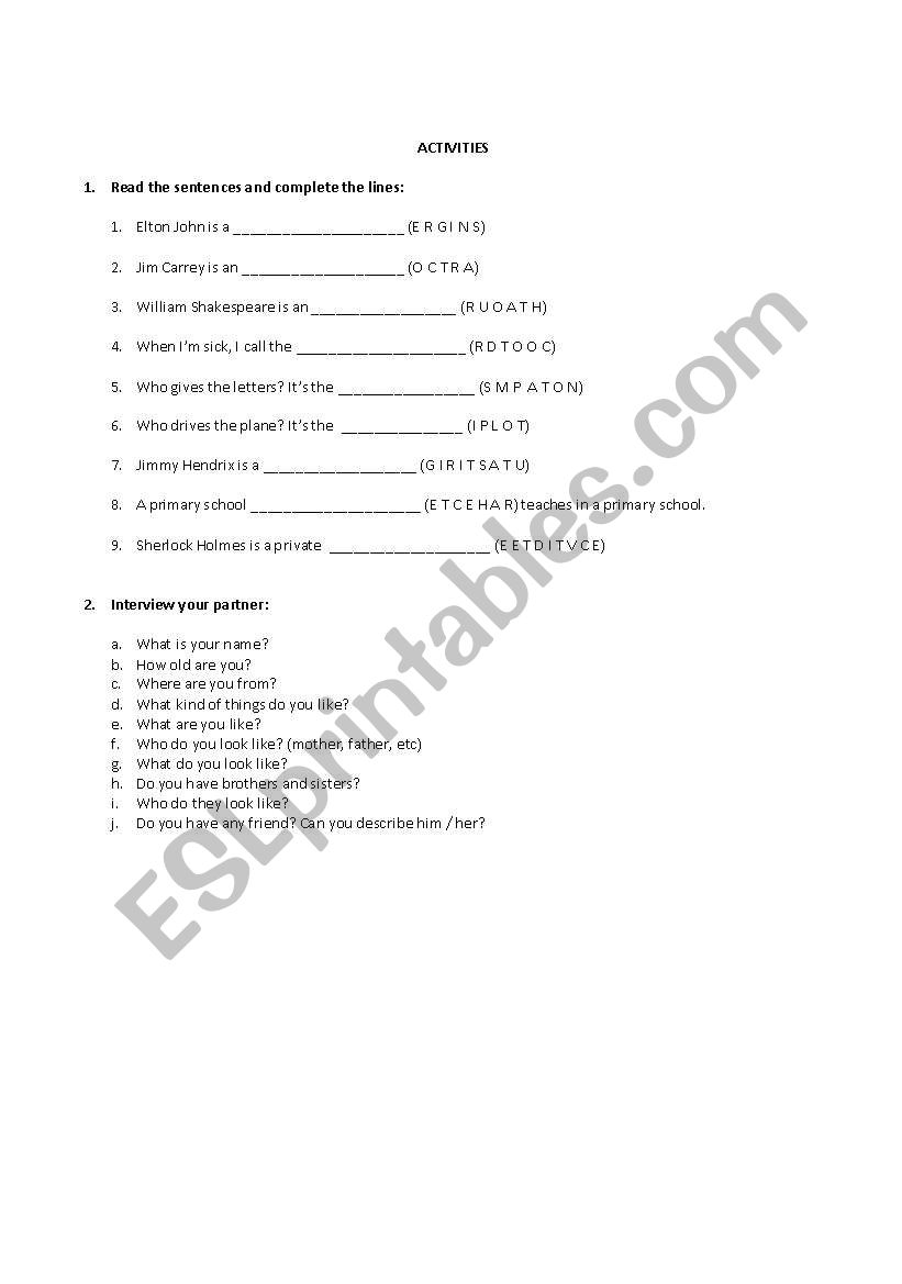 Professions and ocupations worksheet