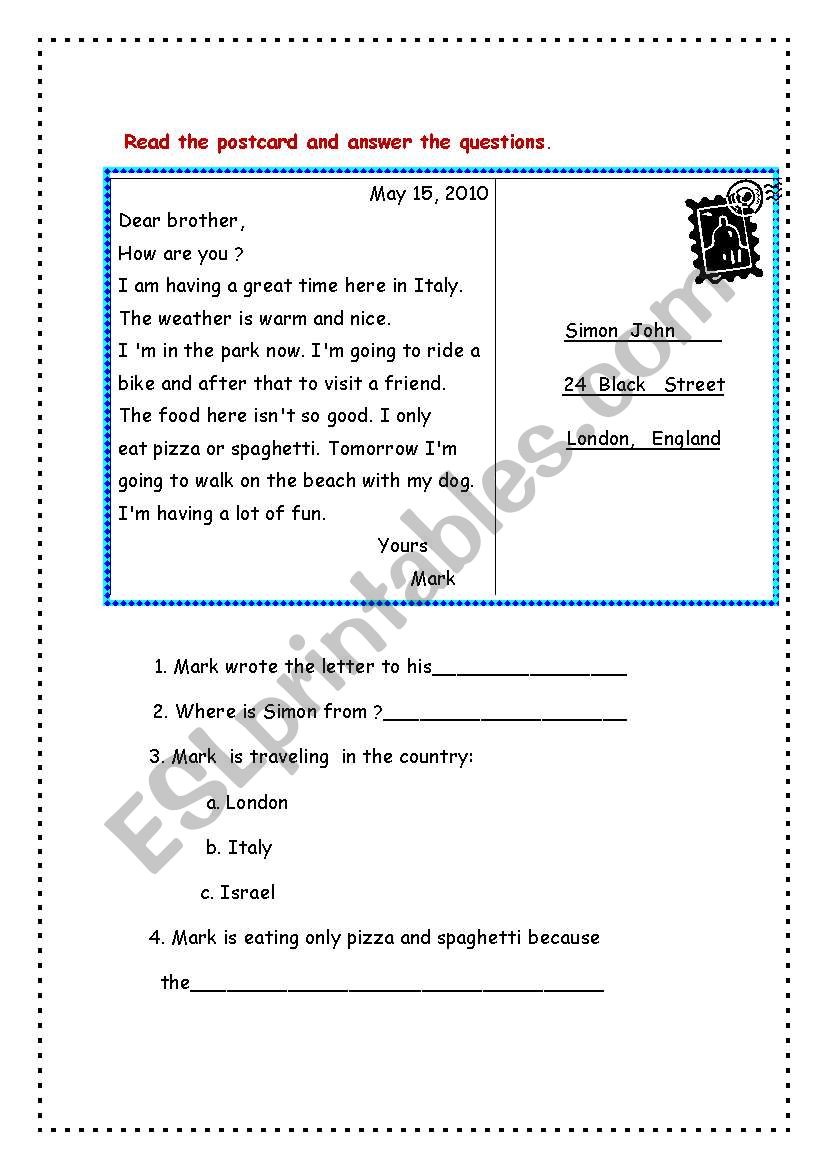 Postcard worksheet