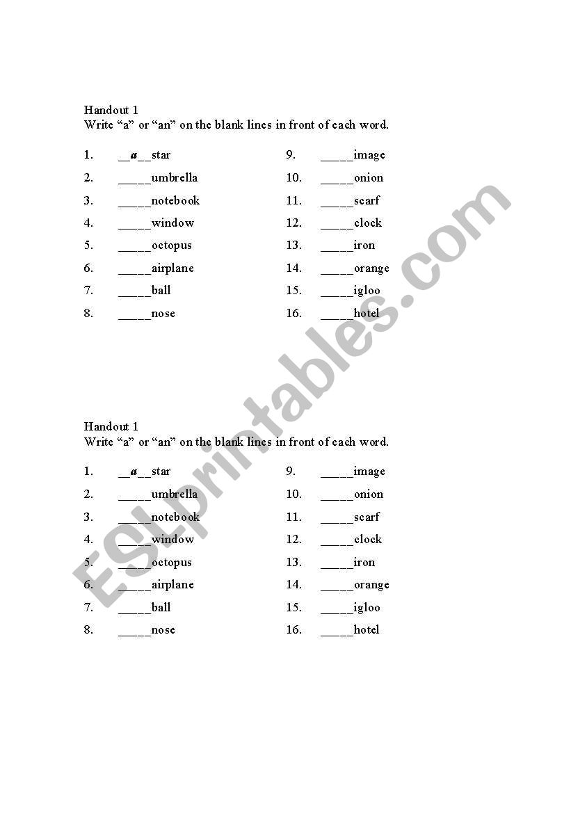 Articles a/an worksheet