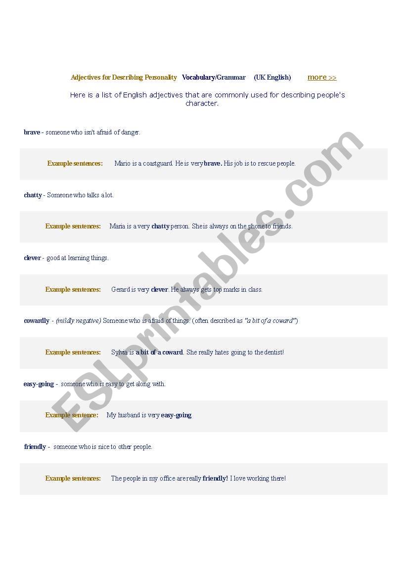 adjectivies personality worksheet