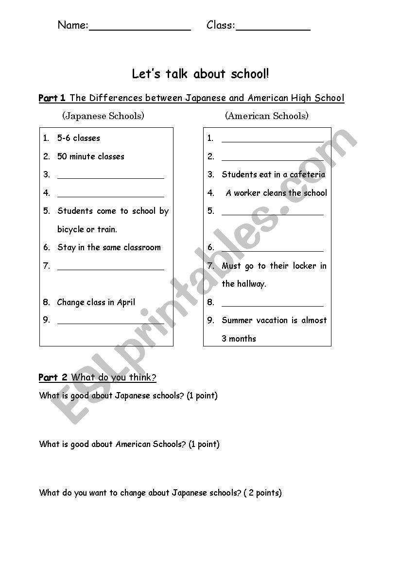 english worksheets differences between japanese and american schools