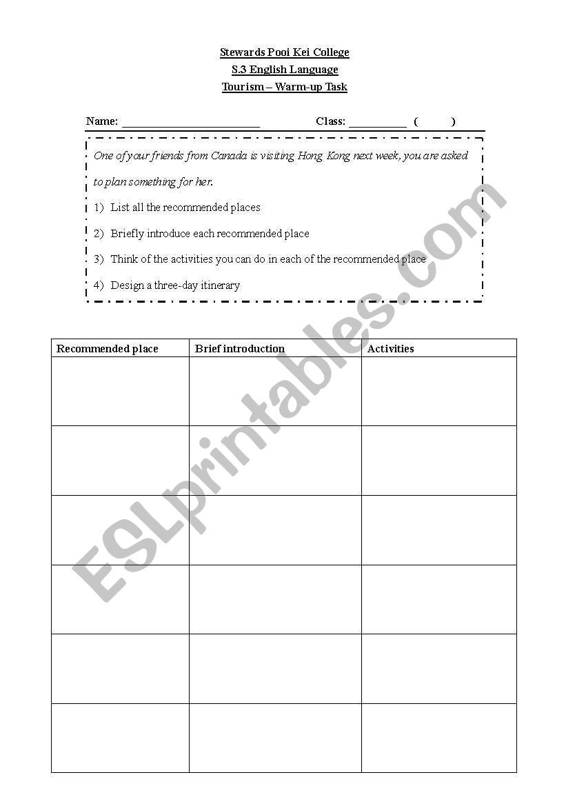 tourism worksheet