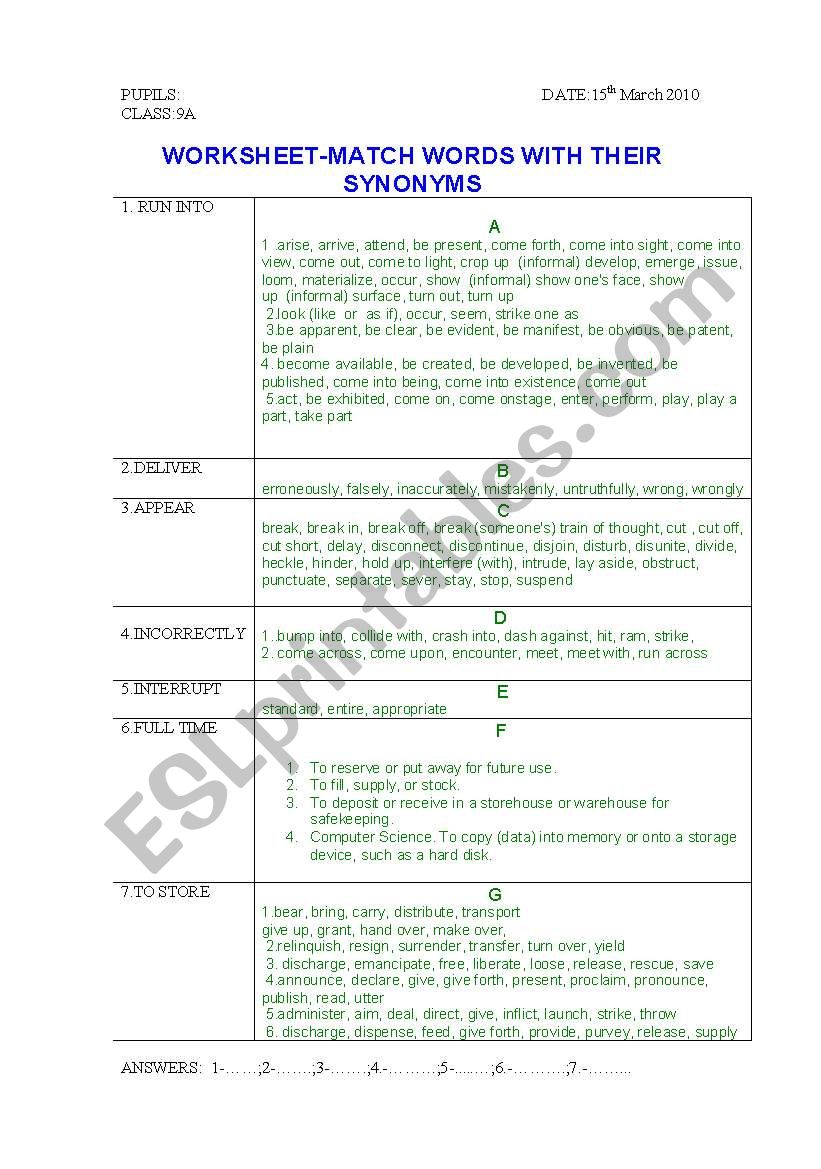 SYNONYMS worksheet