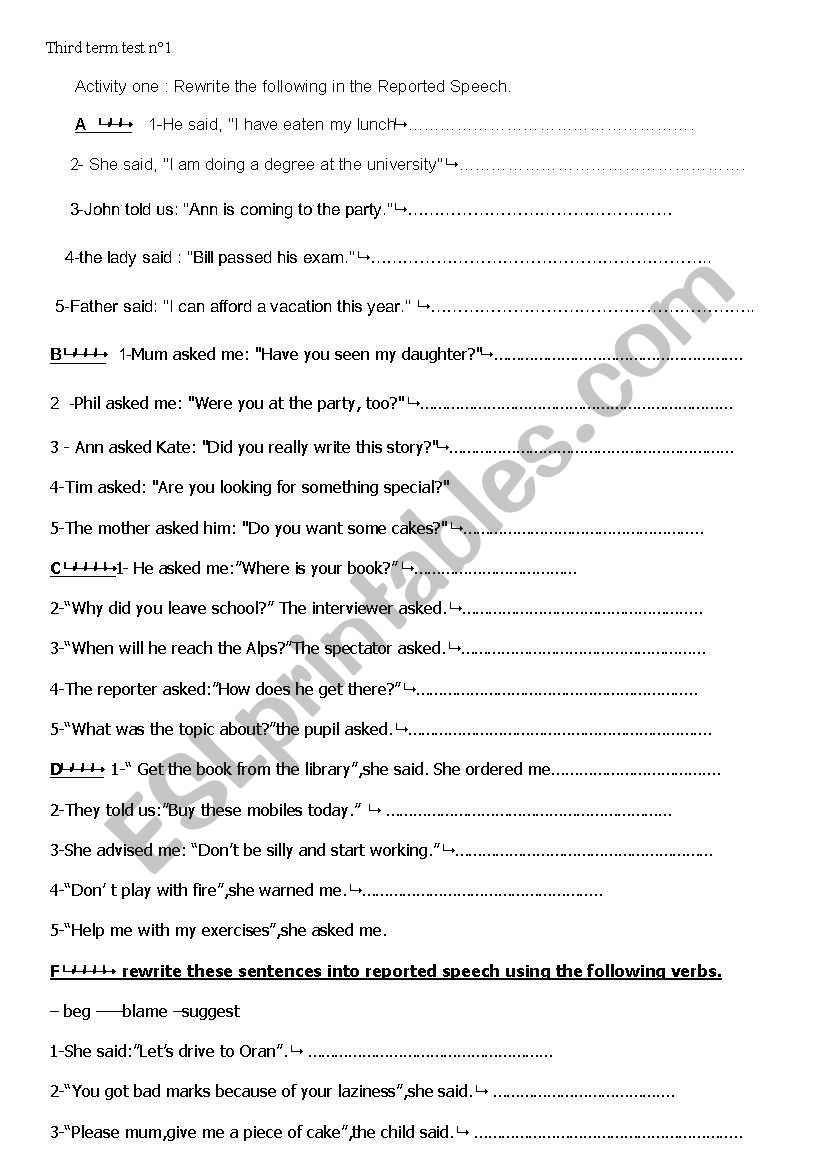 reported speech text exercises pdf