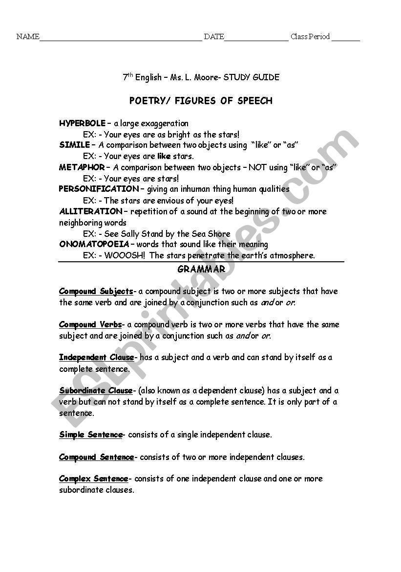 Poetry and Grammar Defintions worksheet