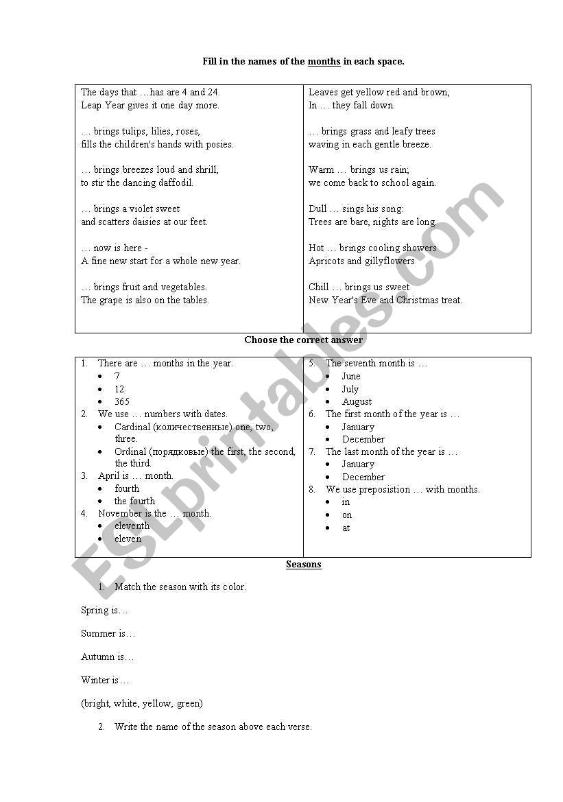 Seasons and months worksheet