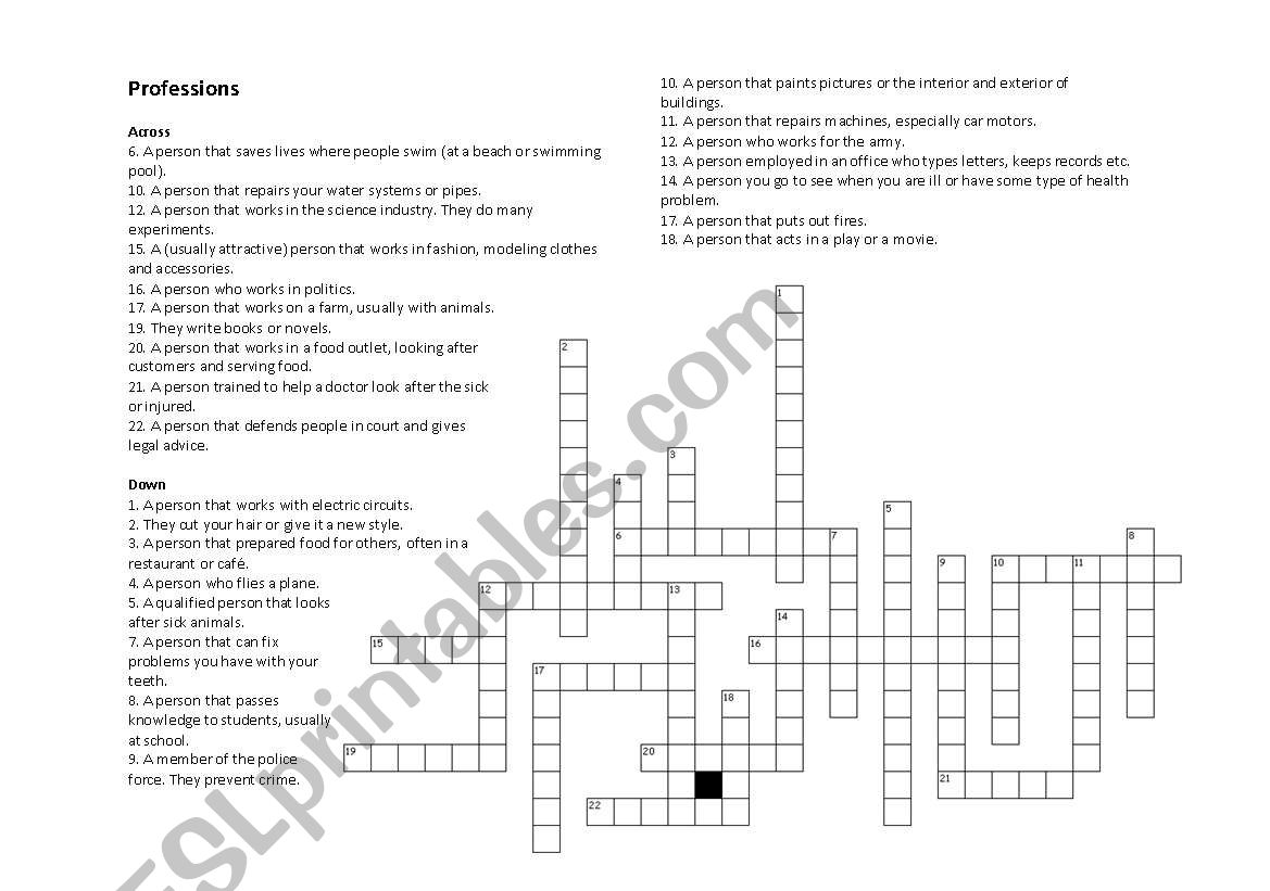 Proffession crossword puzzle worksheet
