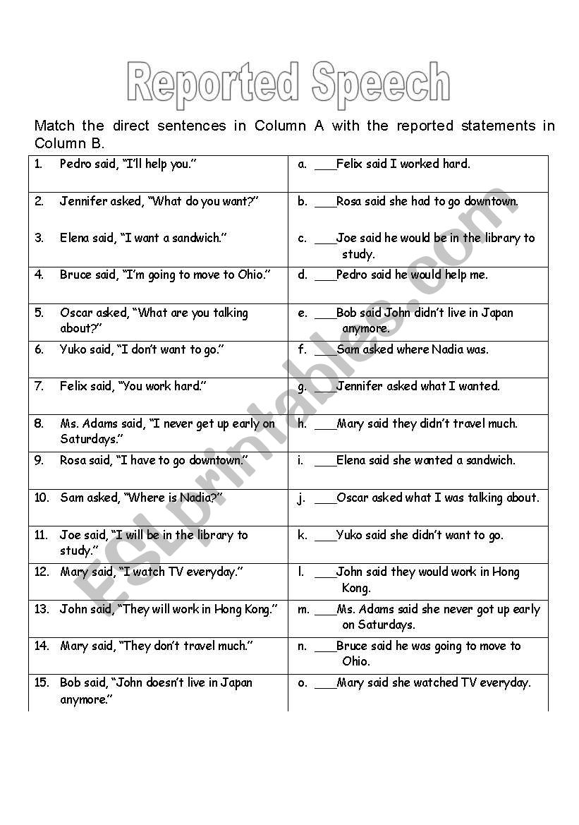 reported speech worksheets for grade 8 pdf