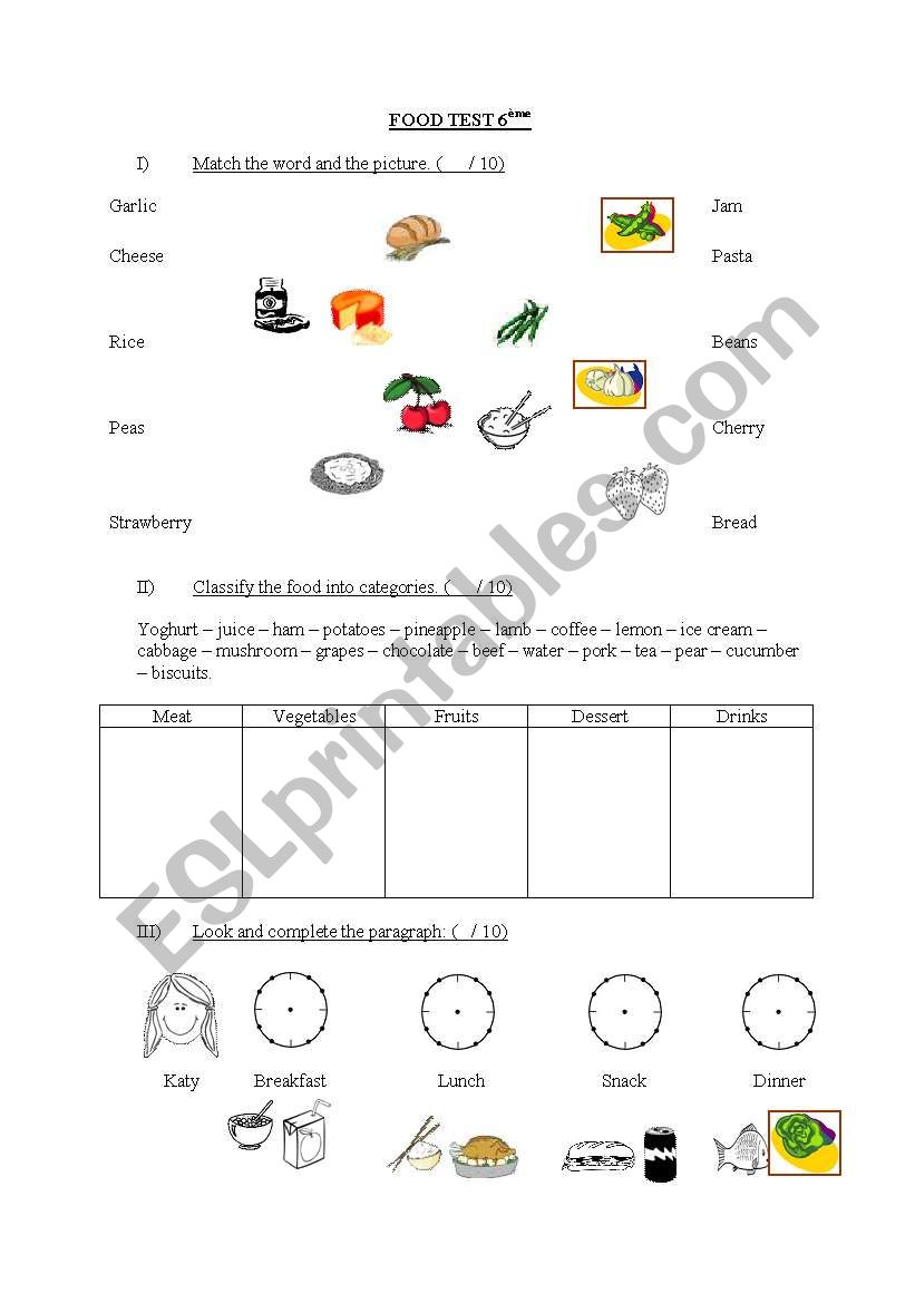 Food test worksheet