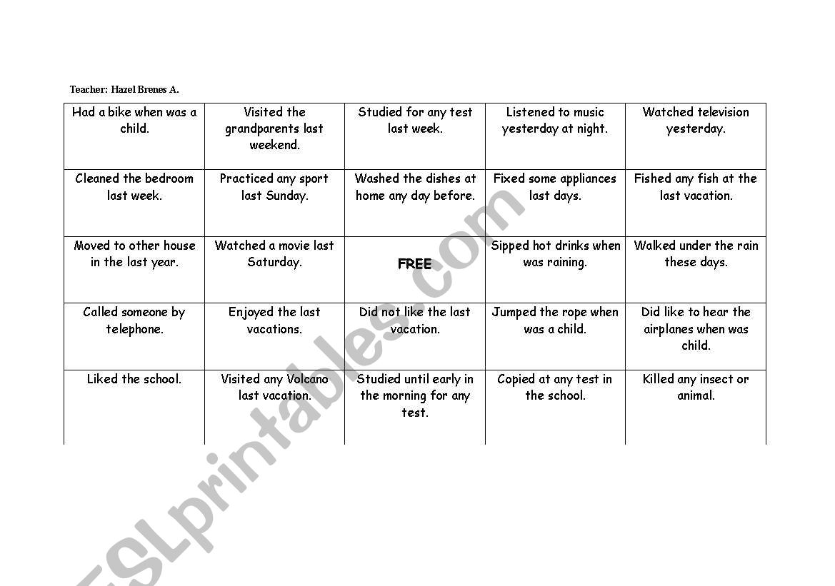 BINGO IN PAST worksheet