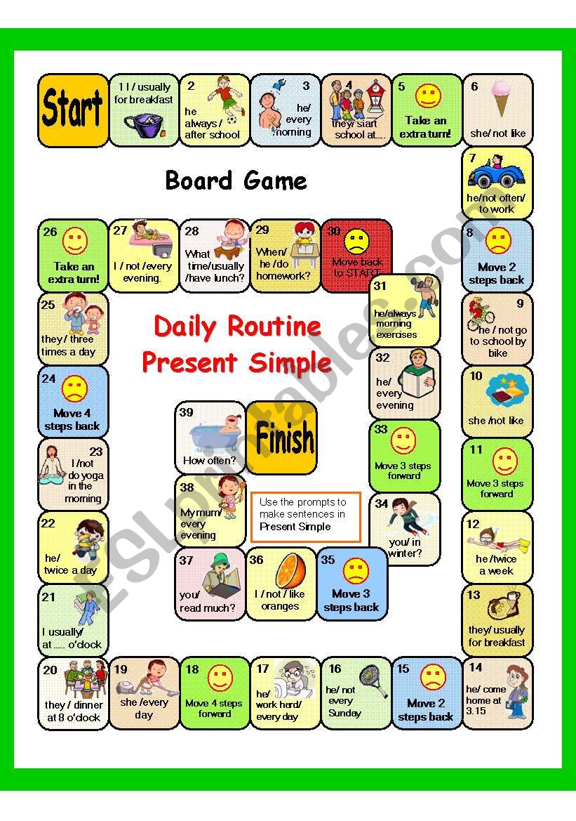 PRESENT SIMPLE DAILY ROUTINE PART 4 2 GAMES BOARD GAME Key AND 