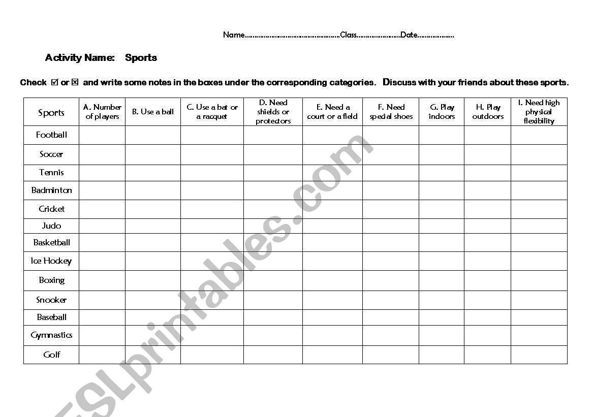 Sports worksheet