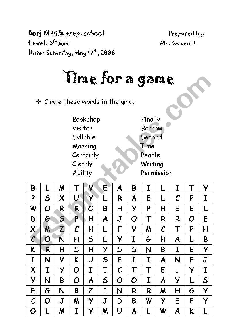 time for a game worksheet