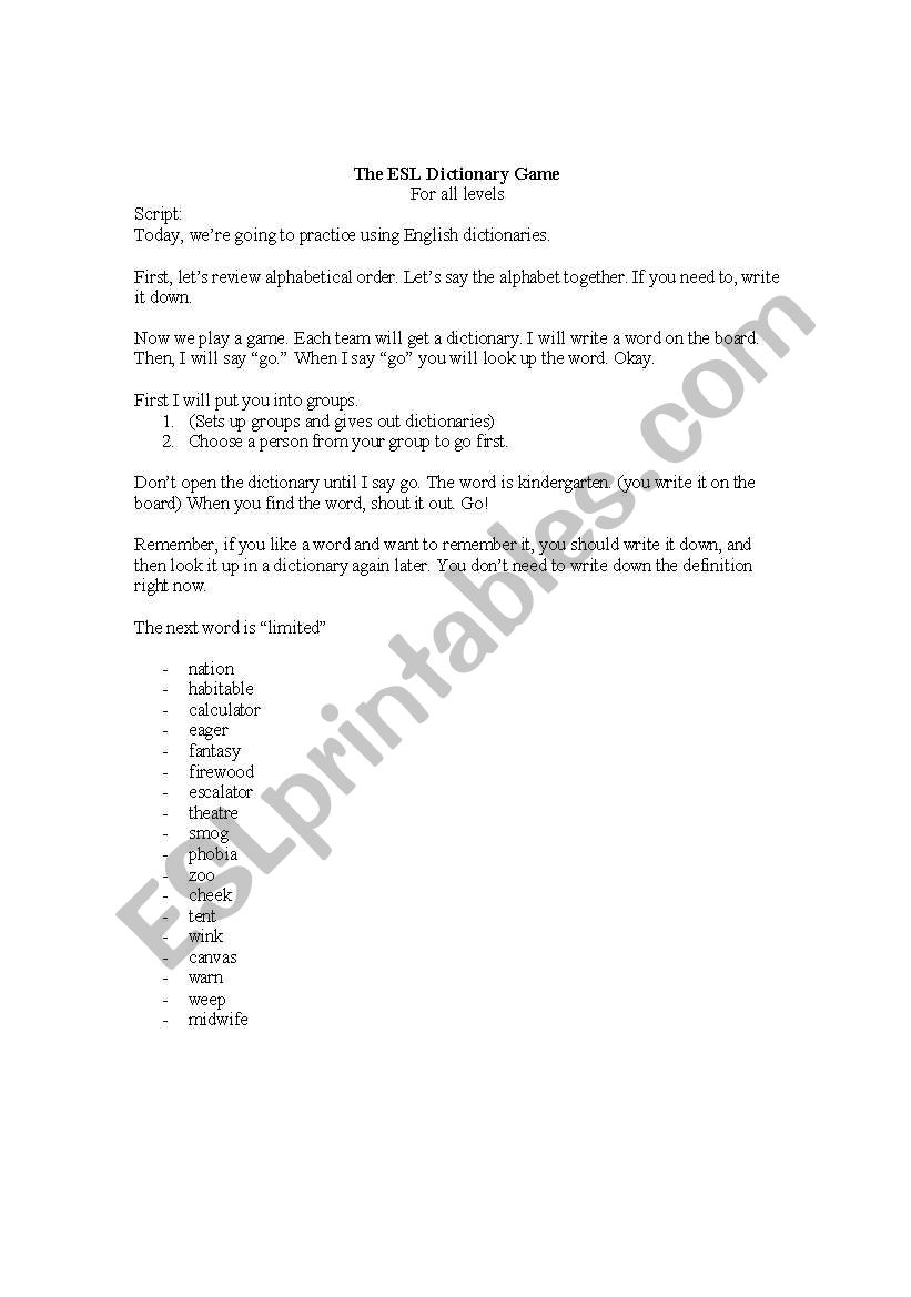 ESL Dictionary Practice  worksheet