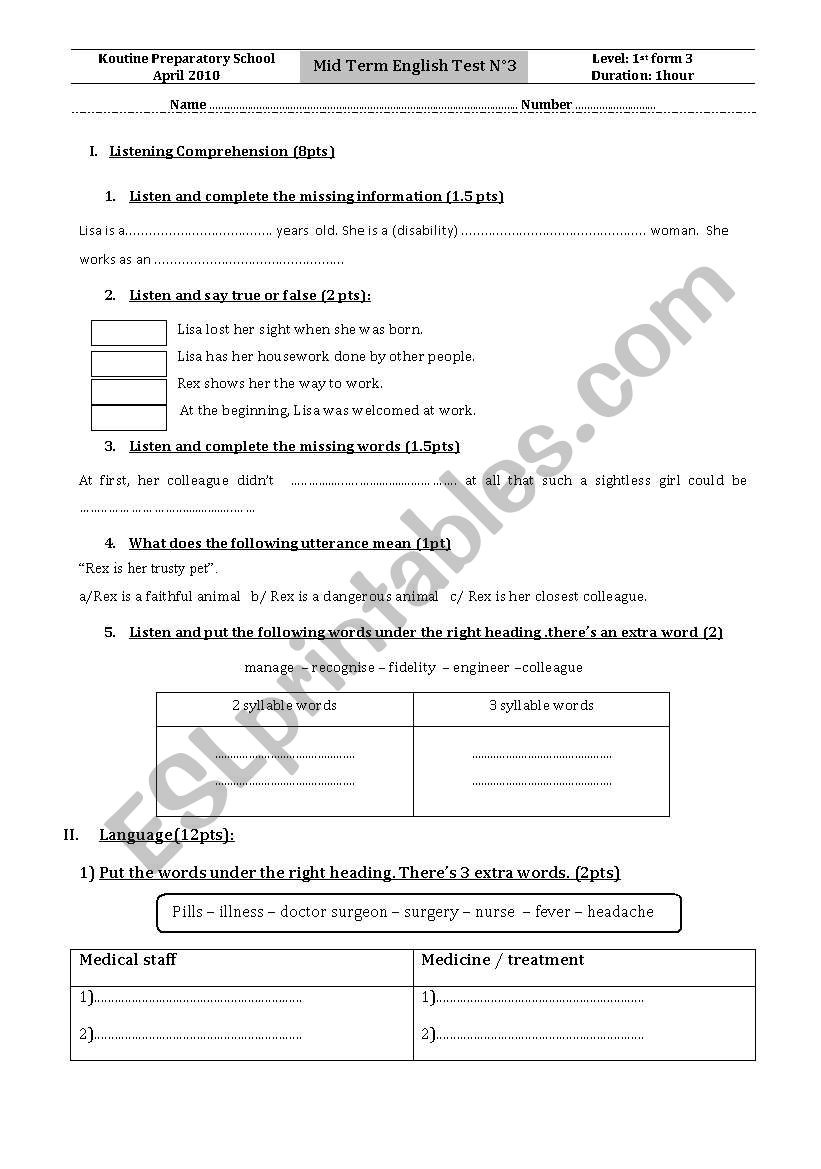 mid term test n°3 tunisian 1st formers - ESL worksheet by hokage8002