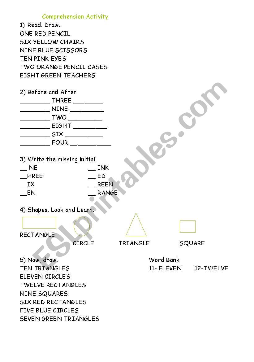 Comprehension Activity on School objects, Shapes and Numbers