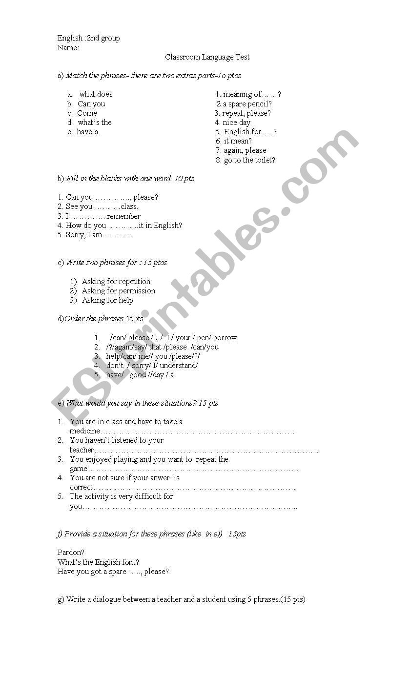 classrrom language worksheet