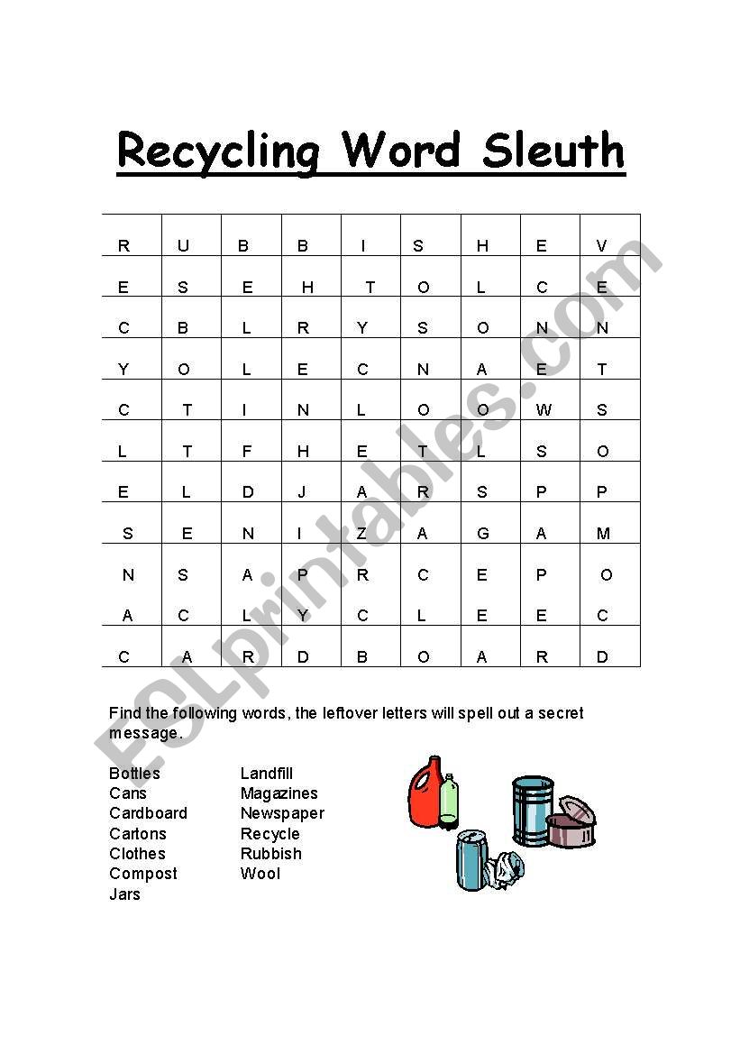 recycling word slueth worksheet