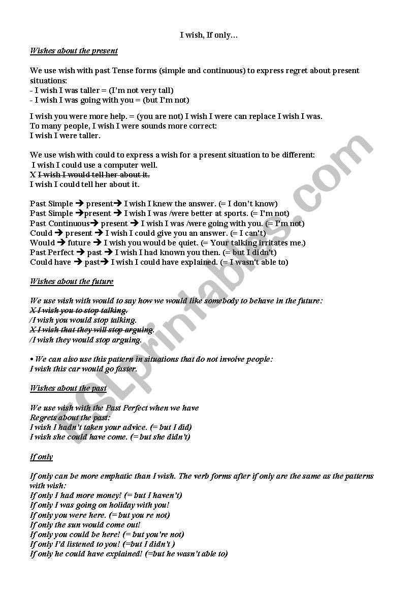 I wish, If only… - ESL worksheet by Milioana