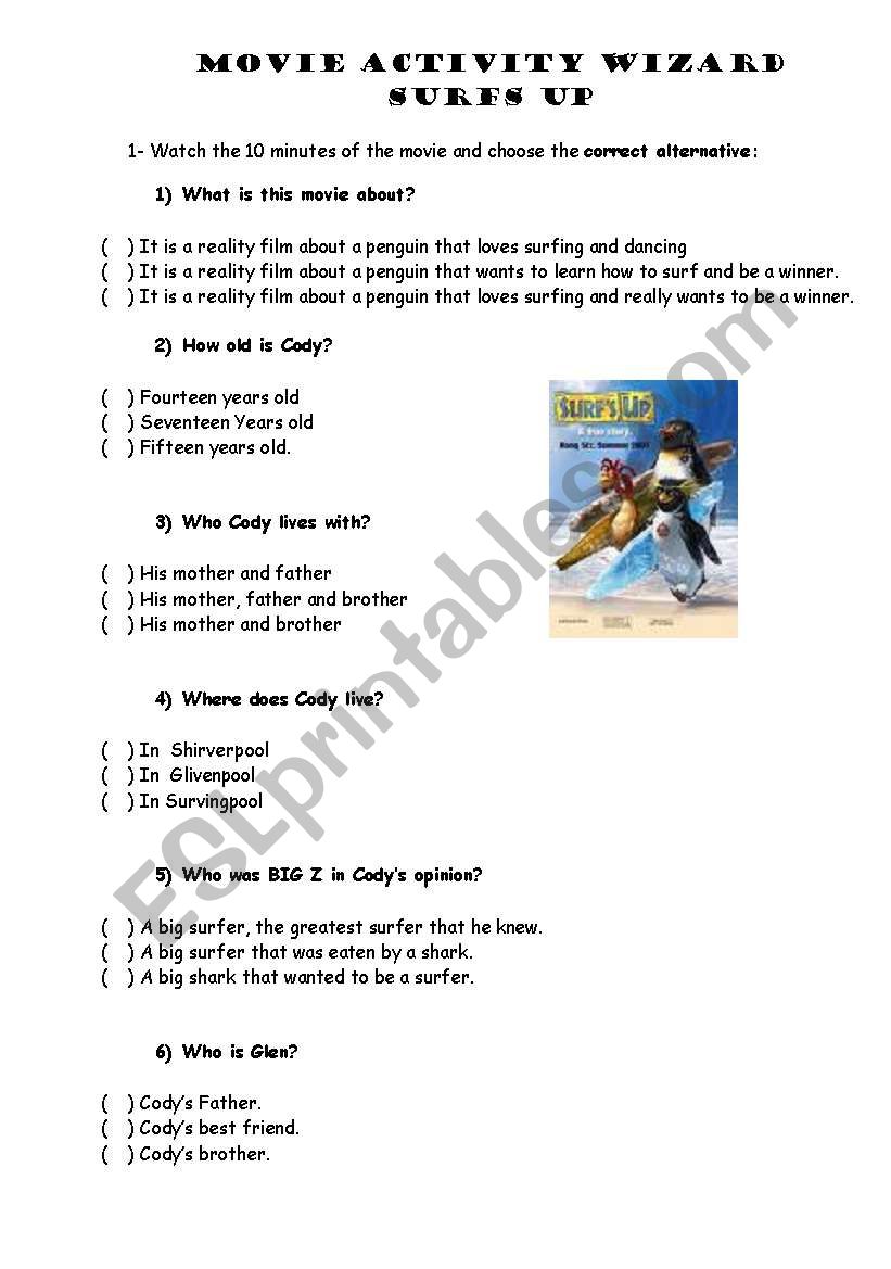 Movie Activity Surfs Up Movie Esl Worksheet By Suellen21