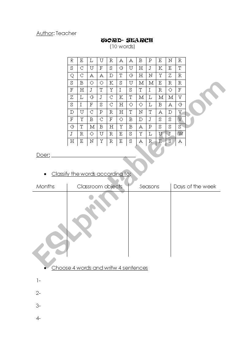 Word search worksheet