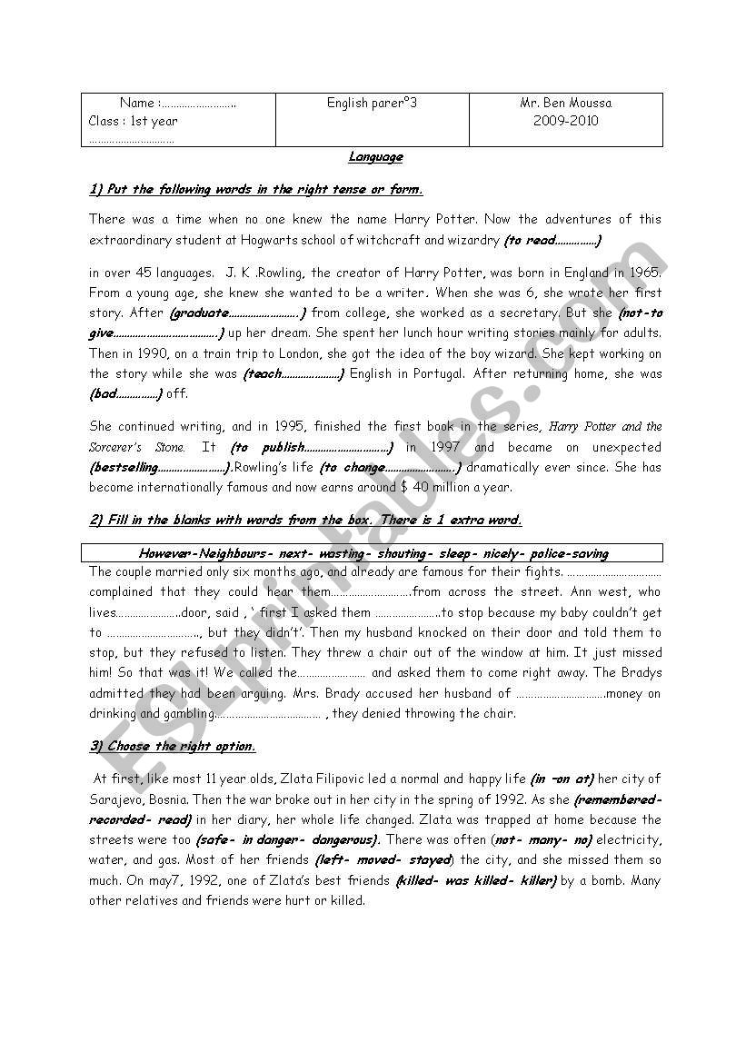 1s year secondary pupils test.The Tunisian model