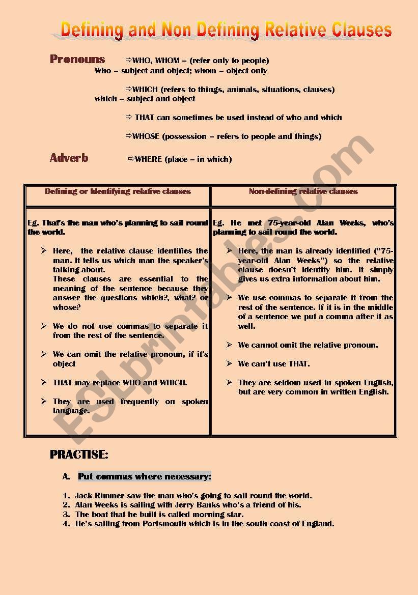 Defining And Non Defining Relative Clauses ESL Worksheet By Elisamedeiros