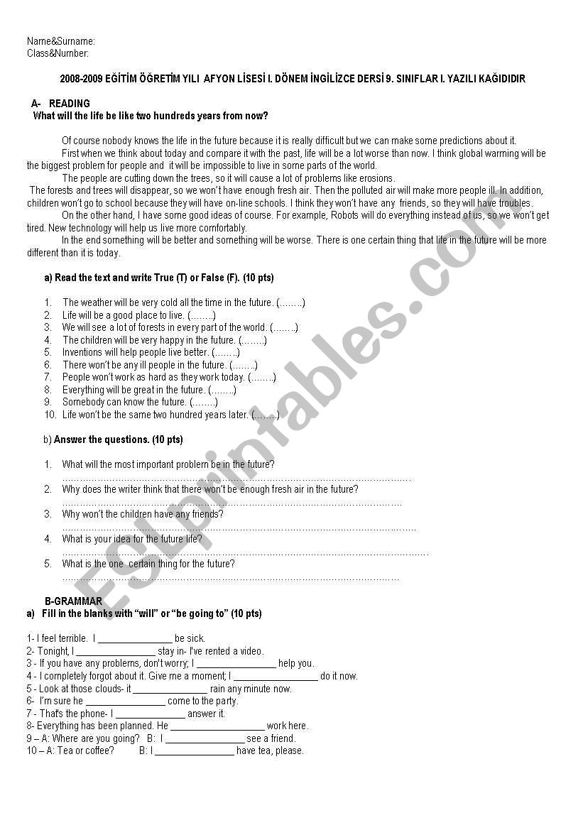 9th grade exam  worksheet