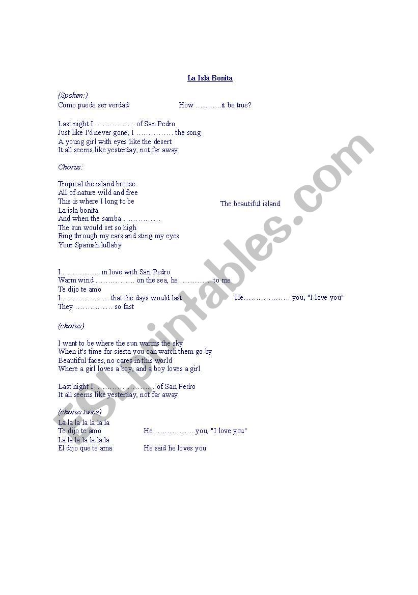 Song La Isla Bonita worksheet