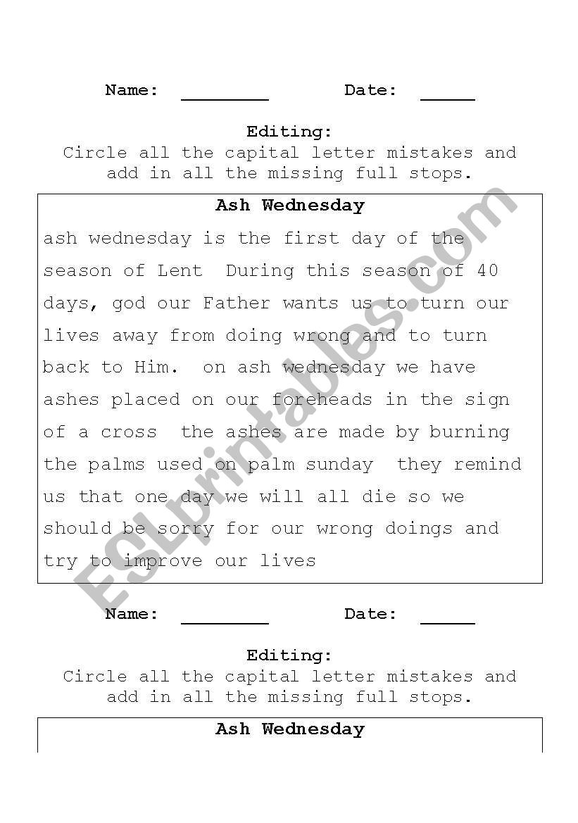 Ash Wednesday Editing worksheet