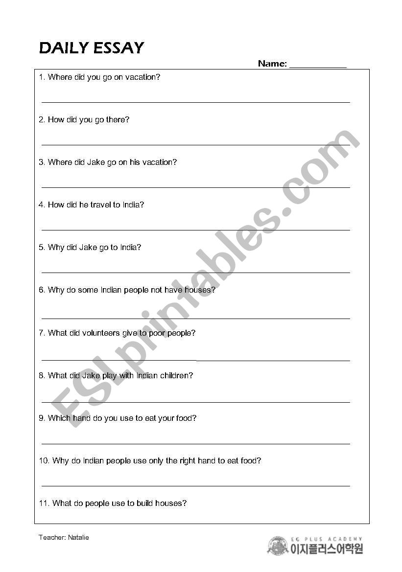 daily essay worksheet