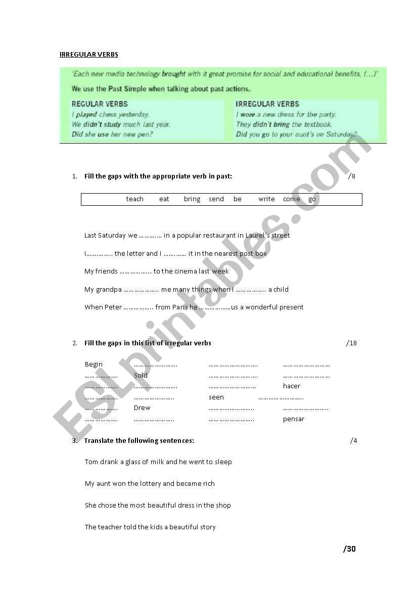 Exercises Irregular Verbs worksheet