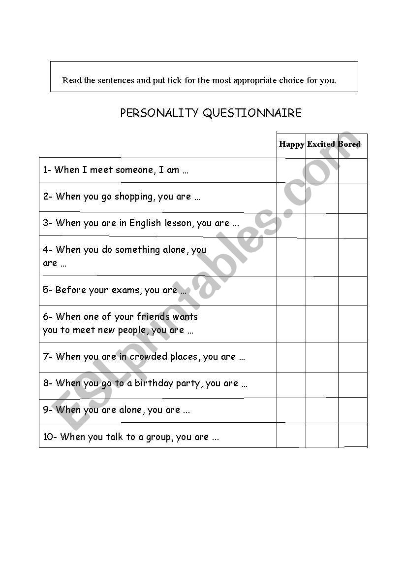 Personality Questionnaire worksheet