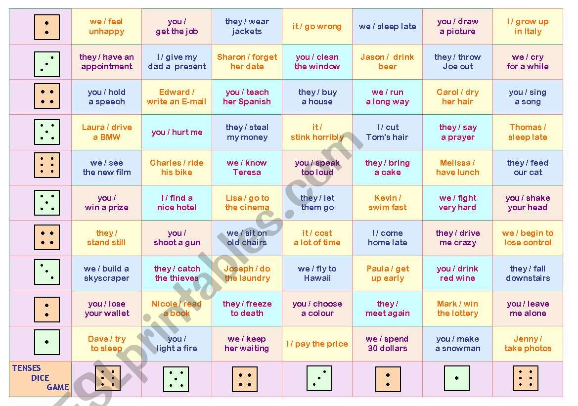 tenses dice game fun activity for kids and adults irregular verbs and all tenses 1 game board and 35 cards fully editable esl worksheet by lina ladybird