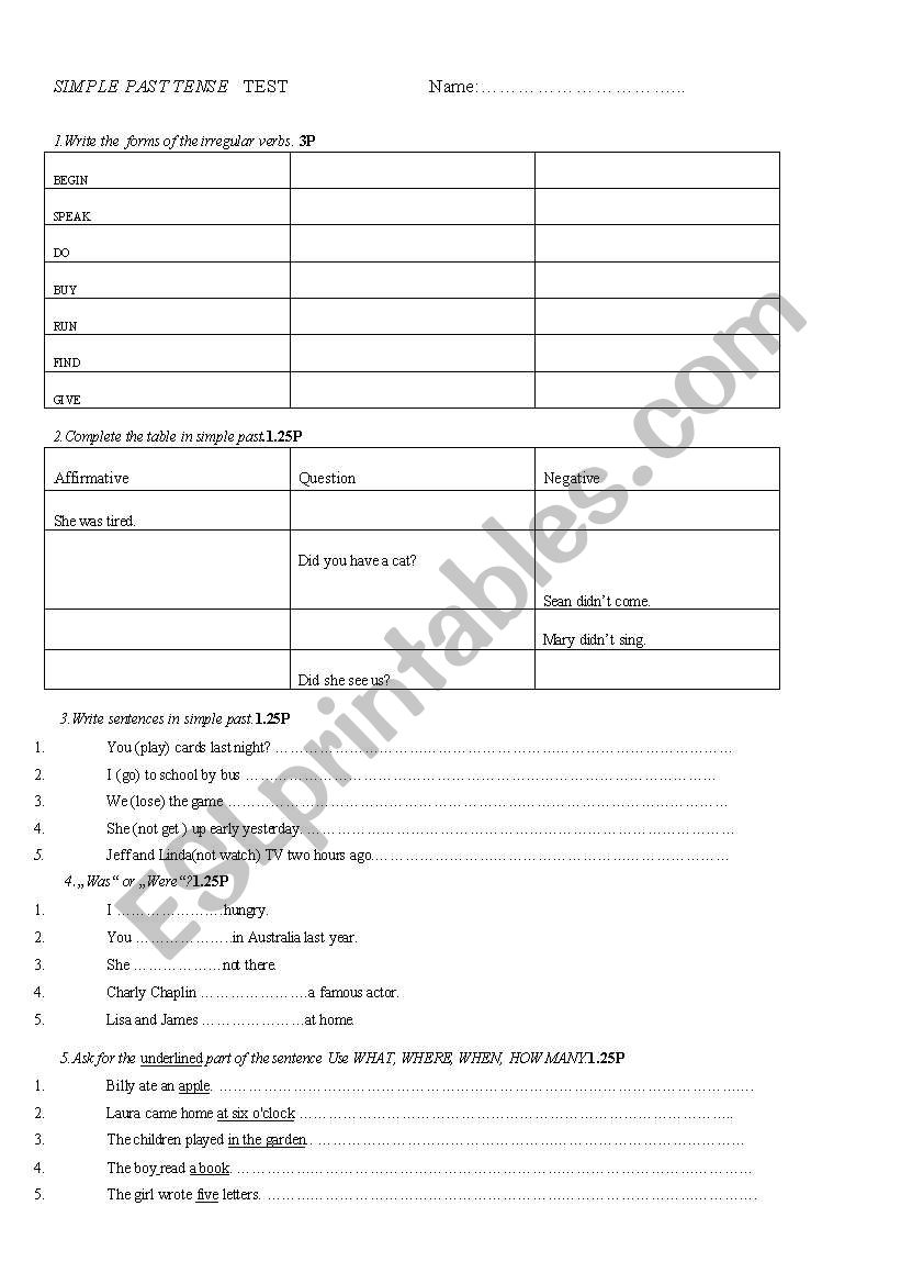 SIMPLE PAST TENSE TEST worksheet