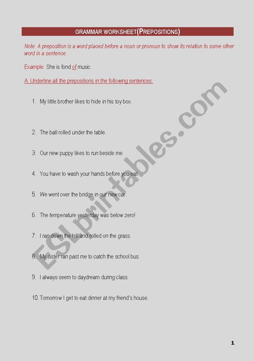 Prepositions worksheet