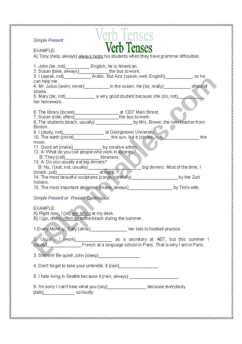 Simple Tenses Of Verbs Worksheet