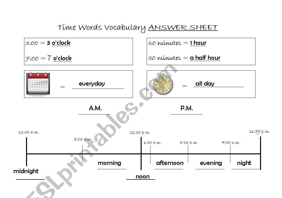 English Worksheets Time Words