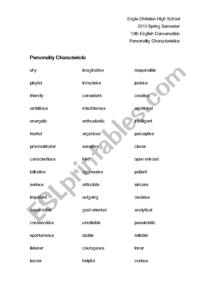 Personality Characteristic Vocabulary 