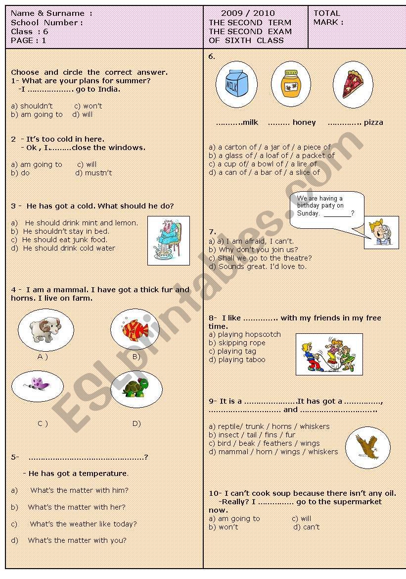 The  Second Exam of  Sixth  class 