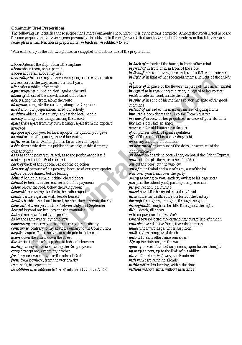 Commonly used prepositions worksheet