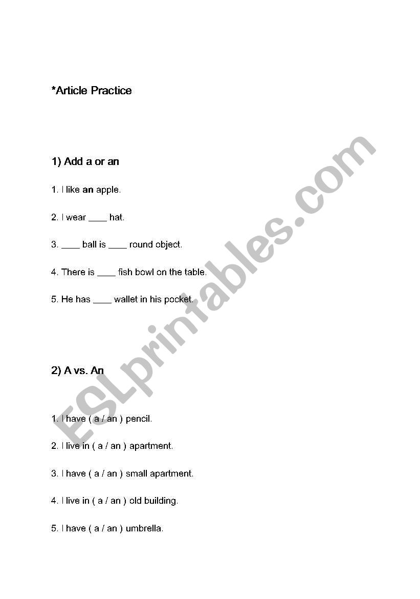 Article practice worksheets worksheet