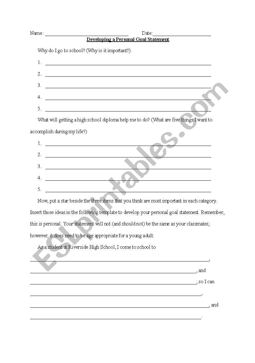 Personal Goal Statement worksheet