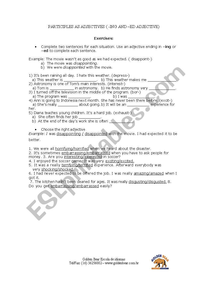 ing and ed adjectives worksheet