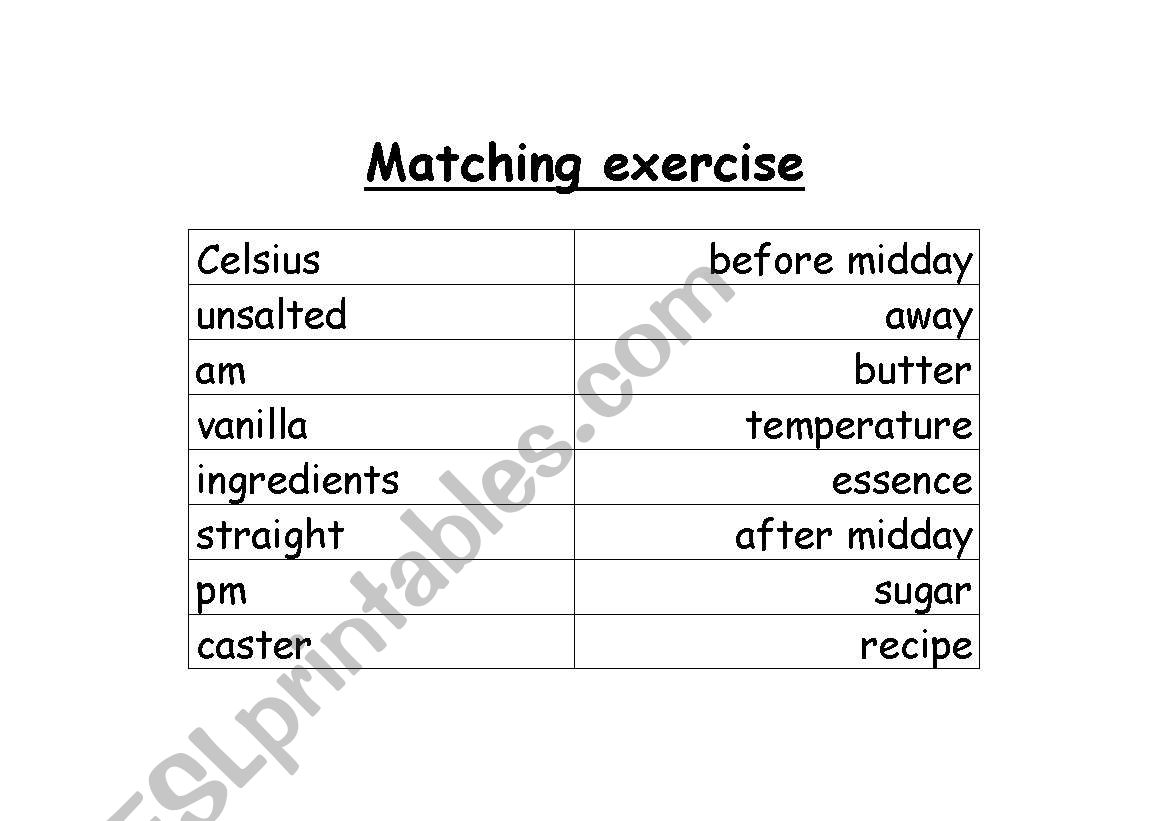 Matching exercise for cookery related lesson