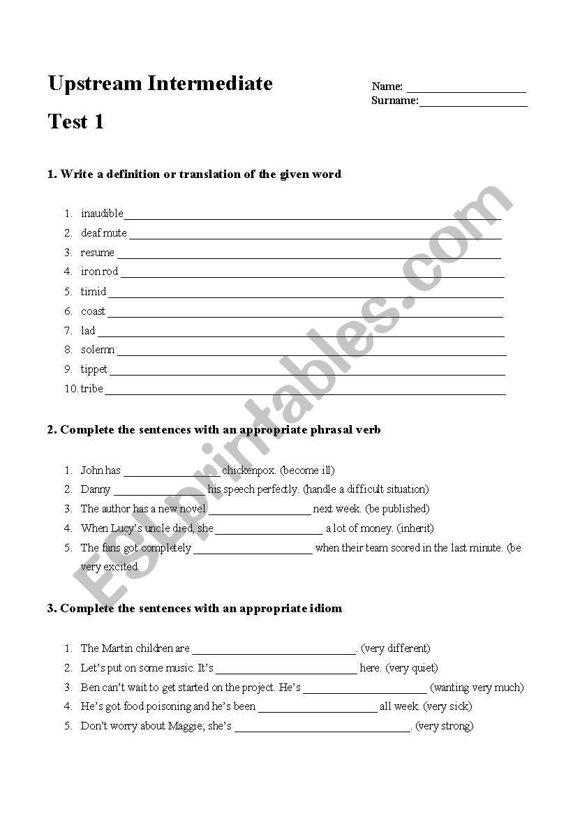 Upstream Intermediate Unit 2 - Additional Vocabulary Test