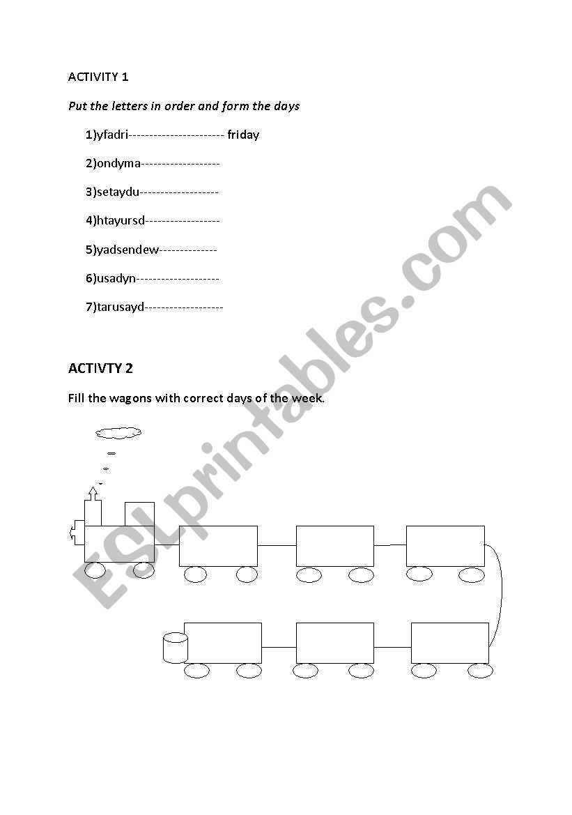 days of week worksheet