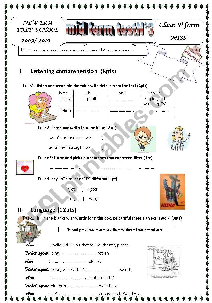 Mid Term Test N° 3 8 Th Form - ESL Worksheet By Oussa