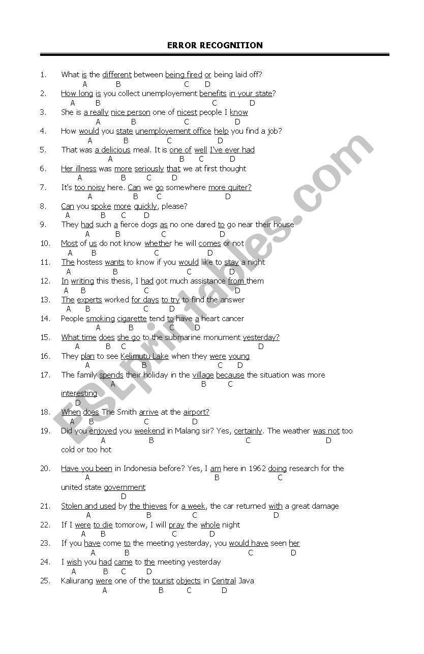 error recognition 1 worksheet