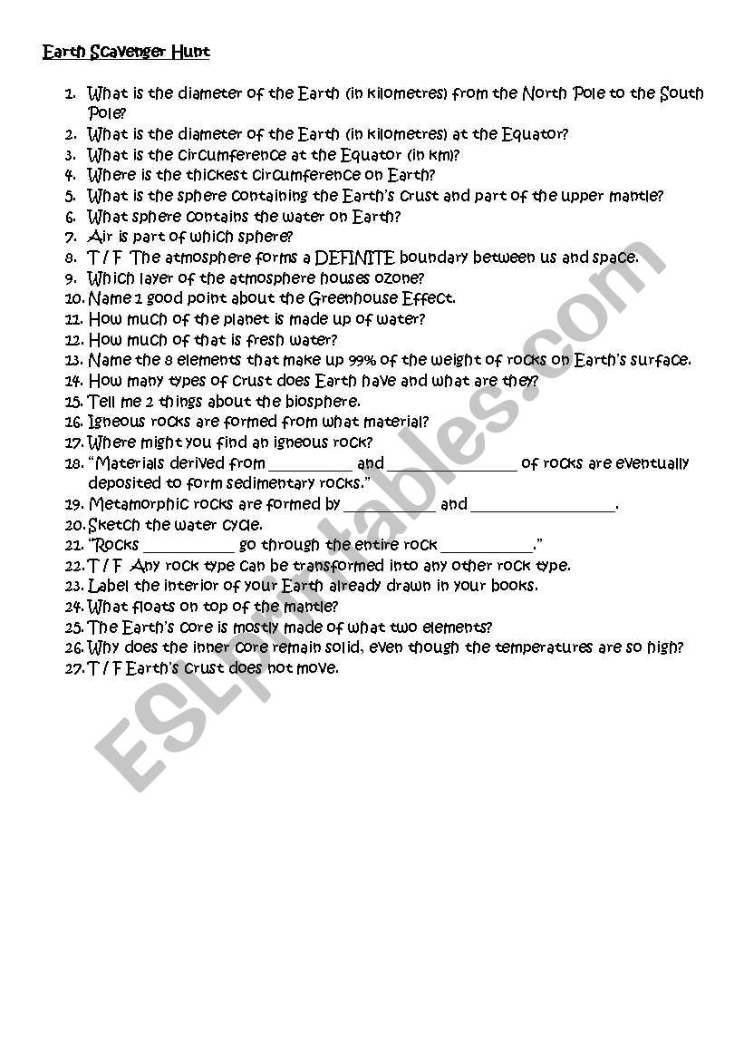 Earth Scavenger Hunt worksheet